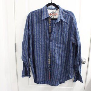 ROBERT GRAHAM Size XL Blue‎ Stripe Flip Cuff/Collar Button Front Shirt